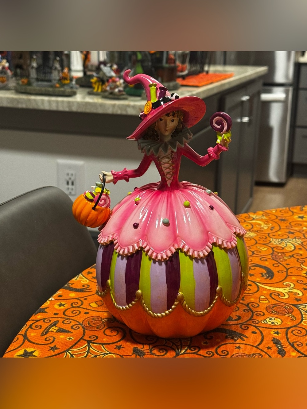 Whimsical Pink Halloween Witch Pumpkin Figurine